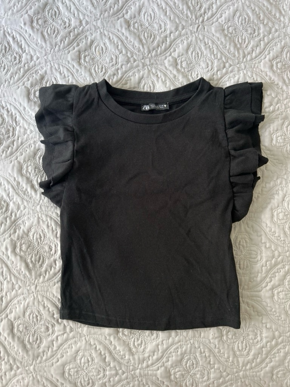 Zara Black Ruffle Sleeve Crop Tee